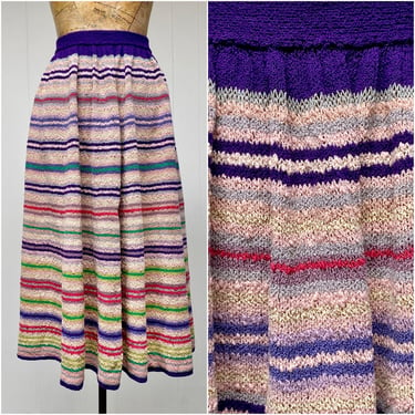 Vintage 1950s Boucle Hand-Knit Skirt, Multicolored Striped Full Skirt, Small 28-30 Inch Waist 