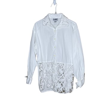 Vintage Women's AJNY White Cutout Woven Button Down Shirt Blouse, Size M 