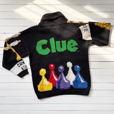 Eagle's Eye sweater 90s vintage CLUE game black novelty print hand knit cardigan 