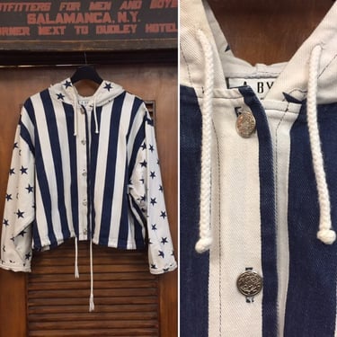 Vintage 1980’s Stars and Stripes Denim Hooded Cropped Jacket, 80’s Jacket, 80’s Oversize, Americana, Vintage Clothing 