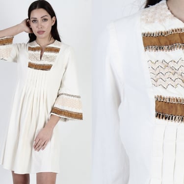 70s Bohemian Festival Bell Sleeve Dress, Casual Lounge Ivory Cotton Mini Dress 