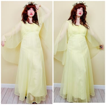 1970s Vintage Lemon Nylon Sheer Cape Dress / 70s / Seventies Magical Pastel Floral Applique Empire Waist Maxi Gown / Medium 