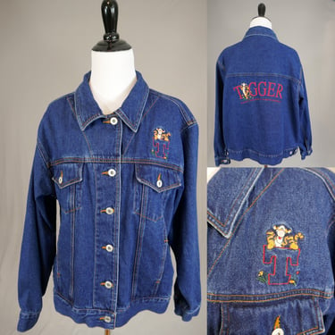 90s Tigger Jean Jacket - Pooh Woman - Embroidered Front and Back  - Dark Cotton Denim Coat - Vintage 1990s - XL 