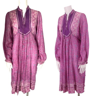 70s purple tissue cotton lurex India print peasant dress S / vintage 1970s block print hippy festival caftan adini phool 