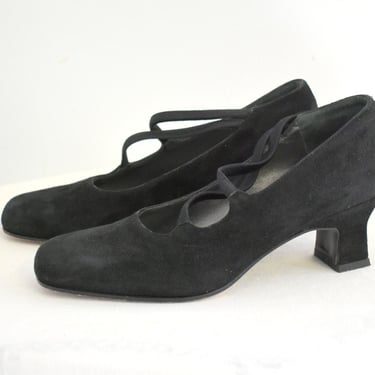 1990s Prevata Black Suede Heels, Size 6B 