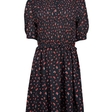 See by Chloe - Black w/ Red Cherry & Strawberry Print Smocked Bodice Dress Sz 6