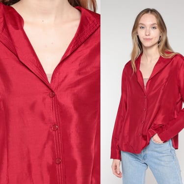 Red Silk Blouse Y2k Button Up Shirt Retro Plain Simple Long Sleeve Blouse Girly Basic Button Down Minimalist Chic Vintage 00s Extra Large xl 