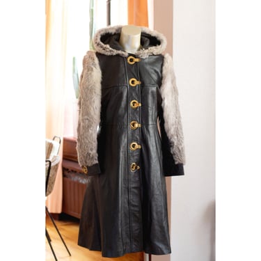 Vintage Leather and Fur Coat - 1970s - Dan Di Mode - Hooded - Gold Snap Buttons - Funky, Glam, Rock 'n' Roll 