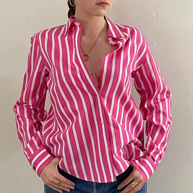 90s Ralph Lauren blouse / vintage fuchsia pink pinstripe striped cotton button down Ralph Lauren monogram cropped petite blouse shirt Small 