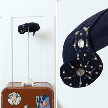 vintage 1950s navy blue beaded cap • elegant wool velour women's fifties hat with swirl accent 