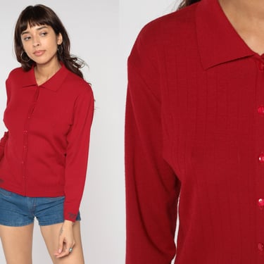 Red Collared Sweater 80s Knit Button Up Cardigan Embroidered Prady Milano Wool Blend Sweater Retro Preppy 1980s Vintage Collar Plain Large L 