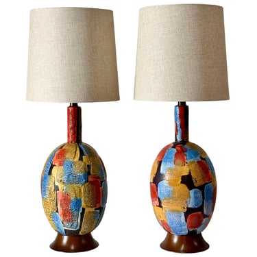 Pair Large Mid Century Modern Italian Ceramic Multi Color Patchwork Lava Glaze Lamps 1960s 