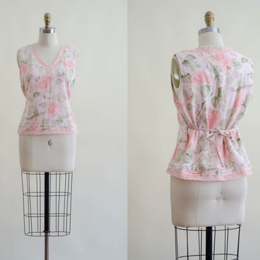 floral linen blouse | 90s vintage cute romantic pink corset tie back floral sleeveless bodice 