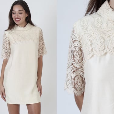 Simple 60s Lace Collar Shift Dress, Minimalist Vintage Plain Wedding Frock, See Through Sheer Scallop Sleeves 