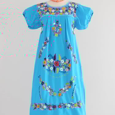 Vintage 1970's Cerulean Blue Cotton Mexican Huipil Style Dress with Floral Embroidery / M