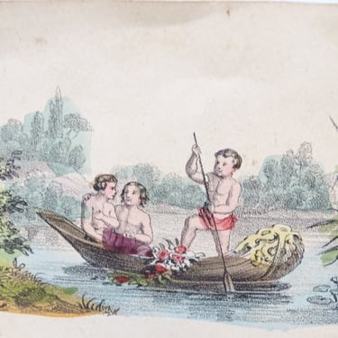 Small Antique 1800's German Hand Tinted Engraving, Vintage Art, Lovers in Boat,  Paper Ephemera 