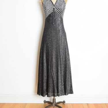 vintage 70s dress black metallic silver striped disco long maxi S sparkly party clothing 