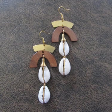 Long cowrie shell geometric earrings 