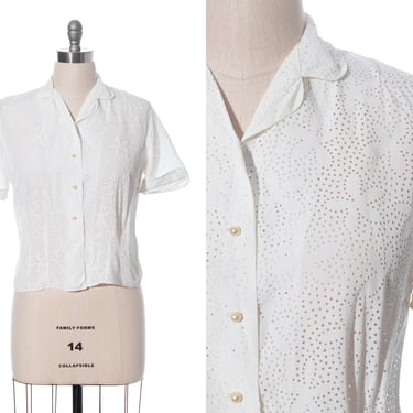 Vintage 1950s Blouse | 50s Floral Cutwork White Rayon Short Sleeve Button Up Top (large) 