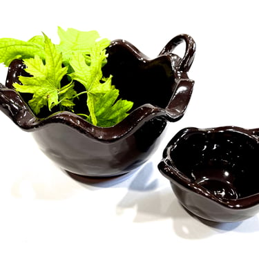 VINTAGE: 2pc Double Handle Scalloped Mexican Pottery Bowls Planters - Handcrafted - Made in Mexico - SKU 35-A-00034349 