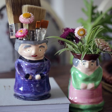 Set of 2 Handmade Quirky Funny Lady Ceramic Vases | Catch all | Utensil Holder 