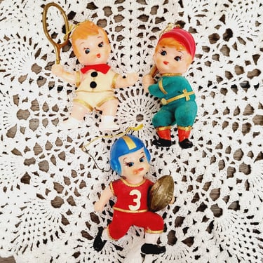 Sweet 1960's Set of Sports Boy Players Christmas Tree Ornaments 