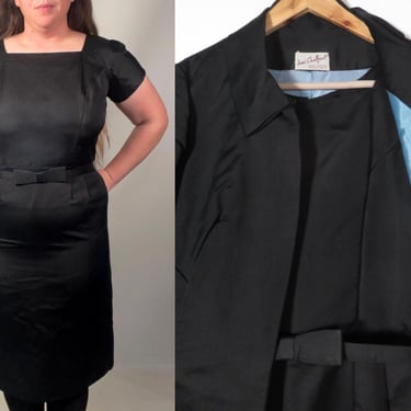 Vintage 60s Classic Cocktail Little Black Dress With Cropped Jacket And Bow Belt Size L 