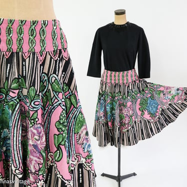 1950s Style Pink Print Sequin Swing Skirt | Embellished Print Circle Skirt Monica Paris | Medium 