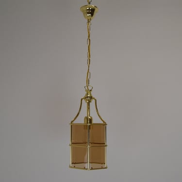 Mid-century Pendant ,1980's / Vintage Pendant / Brass & Smoked Glass / Long Pendant Light 