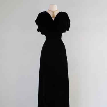 Madame X Elegant 1930's Silk Velvet Jet Black Evening Gown / Small