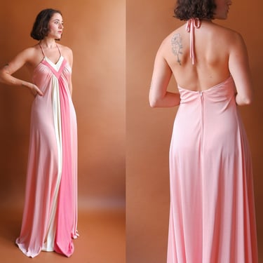 Vintage 70s Pink Color Block Halter Dress/ 1970s Striped Maxi Dress/ Size Small 