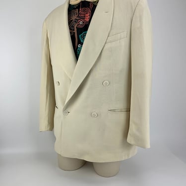 1940S Dble Breasted TUXEDO Jacket - Shawl Collar - Sum R Nite - Cream Colored Cotton or Linen - Shoulder Pads - Lined - Size 40 Regular 
