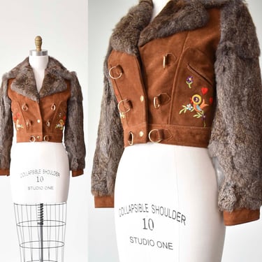 Vintage Suede & Fur Cropped Jacket / 1960s Inspired Jacket / Vintage Boho Brown Leather Jacket / Vintage Embroidered Cropped Jacket Small 