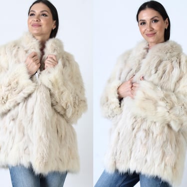 Cream Patchwork Fox Fur Coat, Vintage Natural Arctic Fox Jacket, Womens Warm Winter Overcoat 