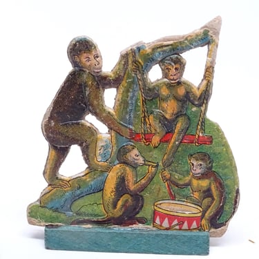 Antique 1930's German Monkeys in Wood Stand, Pressed Embossed Cardboard Stand Up Circus Toy for Vintage Christmas Putz or Nativity 