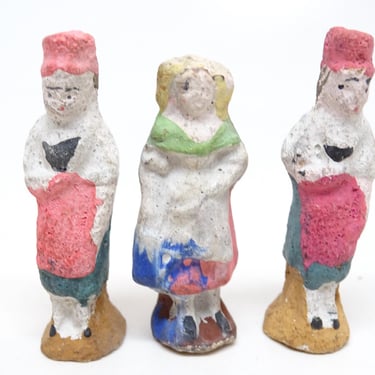 3 Antique Miniature French Hand Painted Composite Figures, Vintage Toy  for Putz or Nativity,  Doll House 