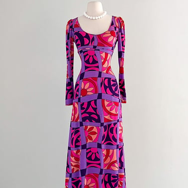 1970's Hot Pink & Magenta Psychadelic Print Maxi Dress / Sz S/M