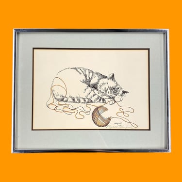 Vintage Pen and Ink Cat Drawing 1970s Retro Size 11x14 Contemporary + Elizabeth Bloomfield + Sleeping Cat w/Yarn Ball + On Paper + Wall Art 