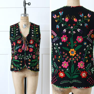 vintage hand embroidered bright floral vest • folkloric crewel embroidery bohemian wool vest 