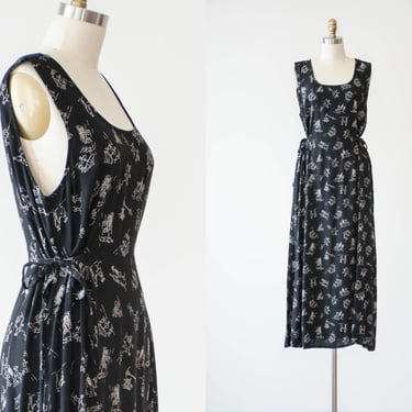 cute cottagecore dress | 90s vintage black white Parisian street cafe bicycle novelty print flowy rayon midi dress 