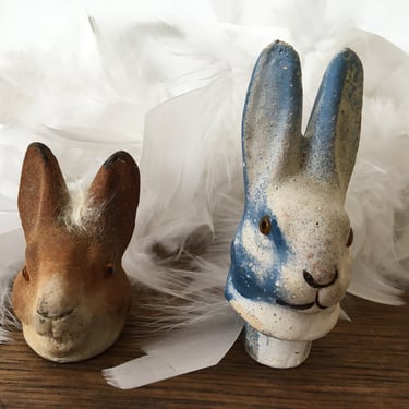 Vintage German(?) Paper Mache Bunny Rabbit Heads From Candy Containers, Easter Decor, Craft Supplies, Glass Or Plastic Eyes,  Doll Making 