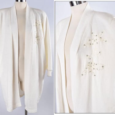 Winter White Ivory Long DUSTER SWEATER Coat BEADED Applique Jacket 1970's, 1980's Vintage 