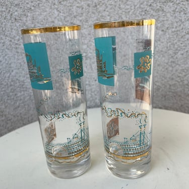 Vintage MCM aqua gold Steamboat theme tall tumbler Libbey glasses set of 2 