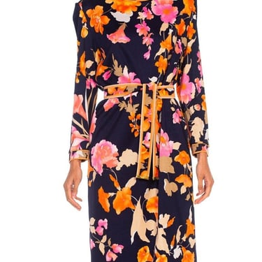 1980S Leonard Multicolor Silk Jersey Long Sleeve Floral Dress With Belt 