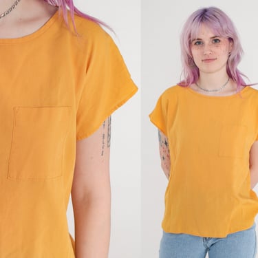 Mustard Yellow Shirt 90s Pocket Top Short Cap Sleeve Blouse Vintage Plain Top 1990s Polyester Rayon Plain Blank Simple Casual Medium 