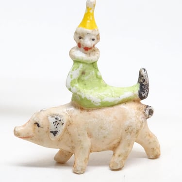 Antique 1930's German China Bisque Circus Clown on Pig, Unglazed Hand Painted Miniature, Vintage Germany Toy 