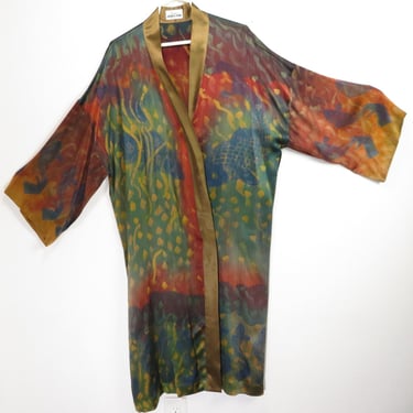 Vtg ASIAN STYLE KOI FISH, SILK or SATIN, SMOKING JACKET KIMONO ROBE Art RETRO