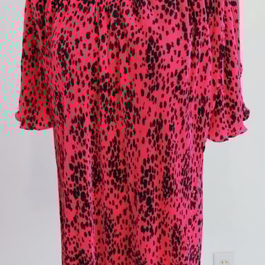 Vintage 1980s Pleated Hot Pink/Black Spotted Dress Made in France 