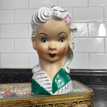 Vintage Japan Lady Head Vase, 6" Glamour Girl Style, White Hair Gold Accents, Asian Geisha Style Head Vase, Green & White Planter Head Vase 