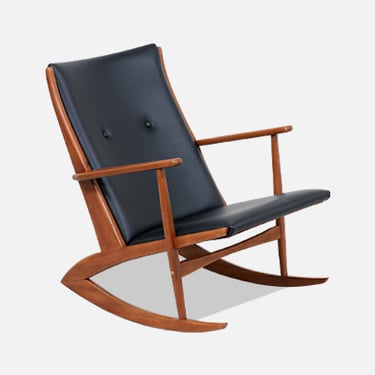 Georg Jensen Sculpted Teak & Leather Rocking Chair for Kubus M\u00f8bler